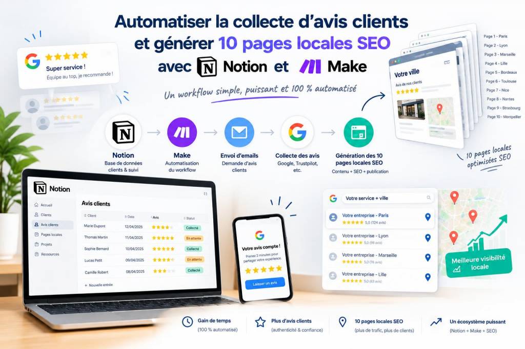 Automatiser la collecte d'avis clients et générer 10 pages locales seo avec notion et make, workflow détaillé